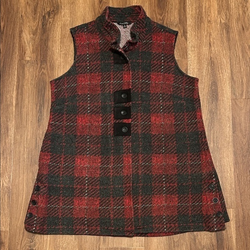 John Mark Black Gray Red Textured Knit Sleeveless Long Vest Top Pockets S Small